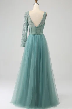 Cinzento Verde A-Line Sparkly Sequin Long Corset Prom Dress