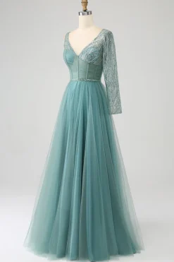 Cinzento Verde A-Line Sparkly Sequin Long Corset Prom Dress