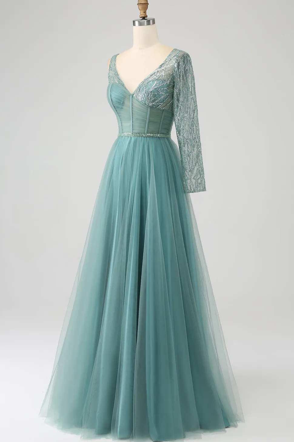 Cinzento Verde A-Line Sparkly Sequin Long Corset Prom Dress
