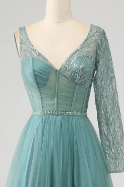 Cinzento Verde A-Line Sparkly Sequin Long Corset Prom Dress