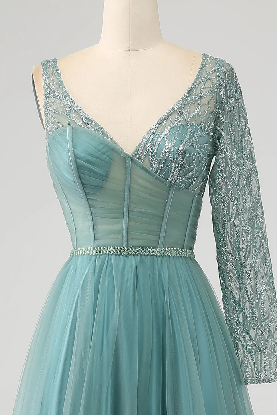 Cinzento Verde A-Line Sparkly Sequin Long Corset Prom Dress