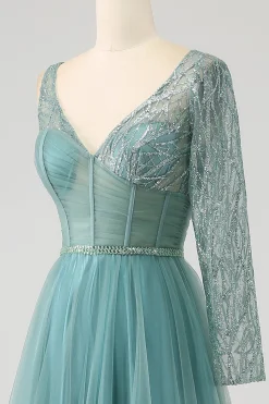 Cinzento Verde A-Line Sparkly Sequin Long Corset Prom Dress