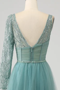 Cinzento Verde A-Line Sparkly Sequin Long Corset Prom Dress