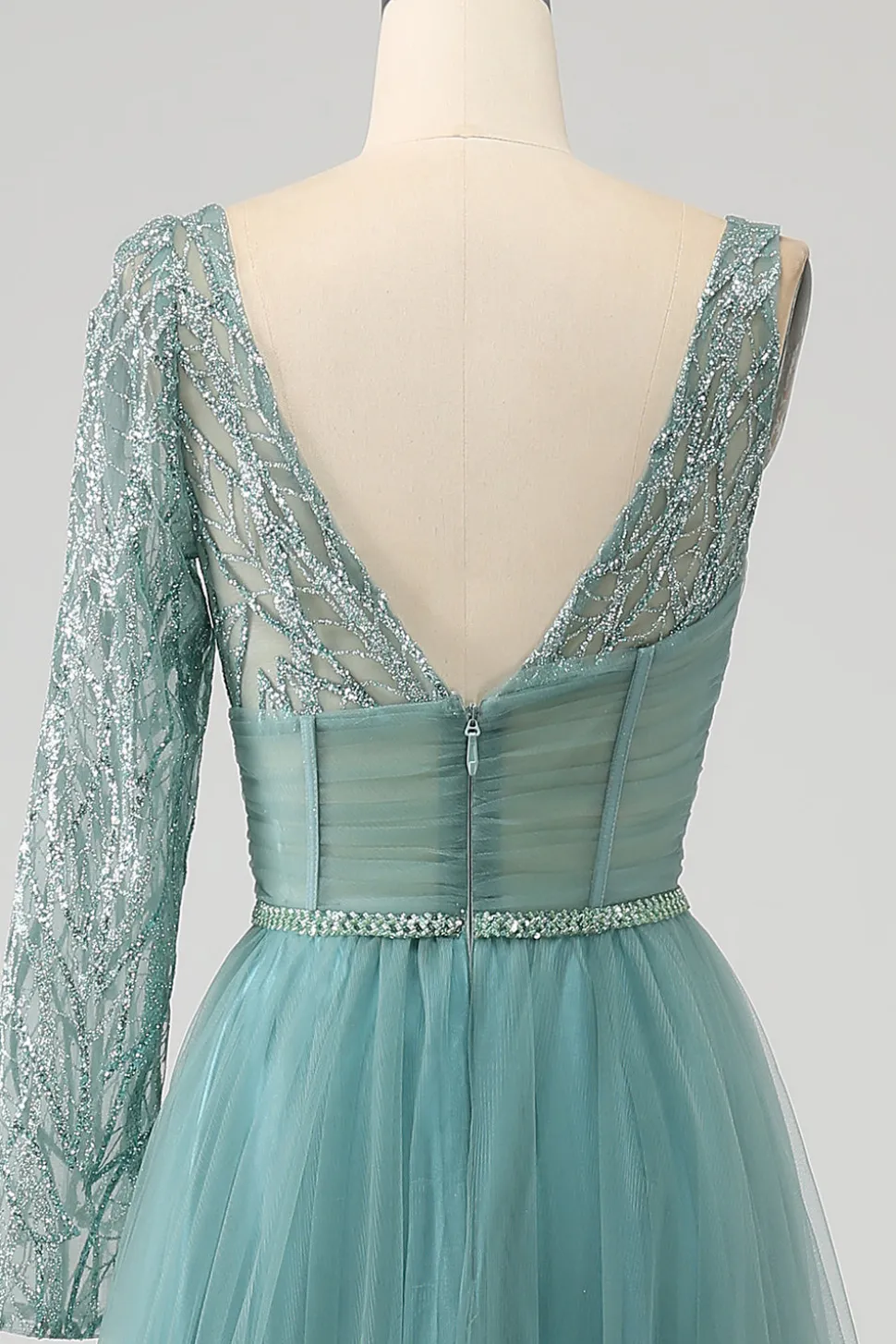 Cinzento Verde A-Line Sparkly Sequin Long Corset Prom Dress