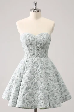 Cinzento Verde A-Line Strapless Floral Vestido Curto Homecoming