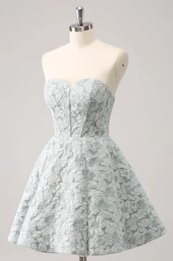 Cinzento Verde A-Line Strapless Floral Vestido Curto Homecoming