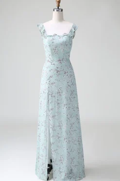 Cinzento Verde Bainha Floral Estampa Vestido Longo Madrinha Com Fenda