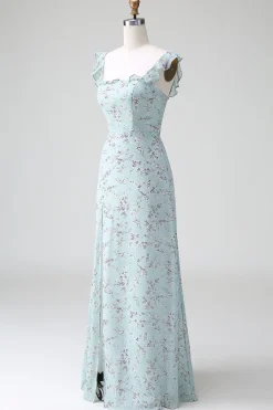Cinzento Verde Bainha Floral Estampa Vestido Longo Madrinha Com Fenda