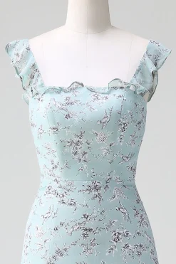 Cinzento Verde Bainha Floral Estampa Vestido Longo Madrinha Com Fenda