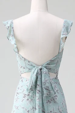 Cinzento Verde Bainha Floral Estampa Vestido Longo Madrinha Com Fenda
