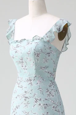 Cinzento Verde Bainha Floral Estampa Vestido Longo Madrinha Com Fenda