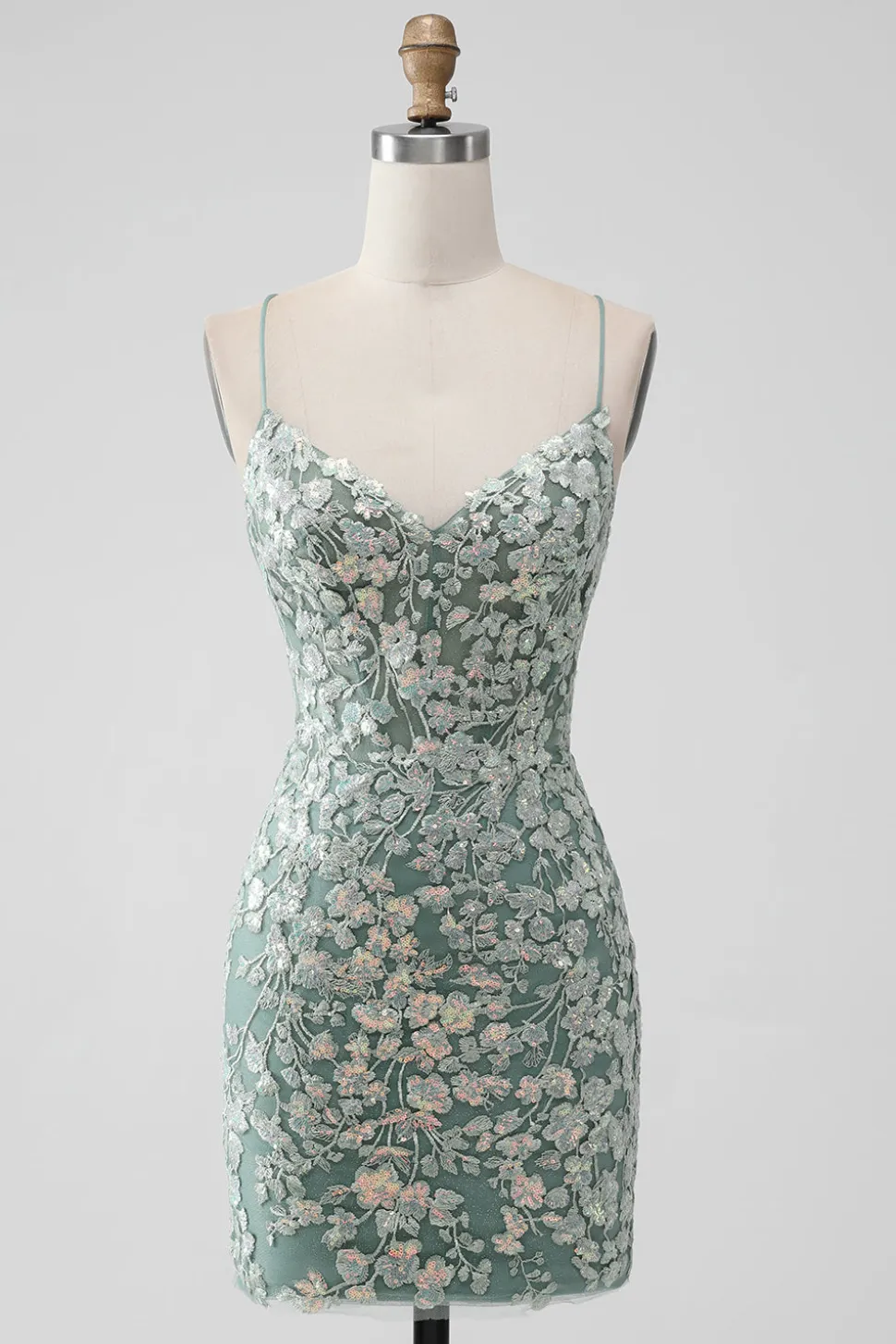 Cinzento Verde Bodycon Lace-up Back Short Homecoming Dress com lantejoulas Appliqued