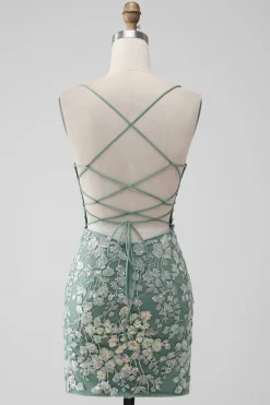 Cinzento Verde Bodycon Lace-up Back Short Homecoming Dress com lantejoulas Appliqued