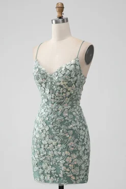 Cinzento Verde Bodycon Lace-up Back Short Homecoming Dress com lantejoulas Appliqued