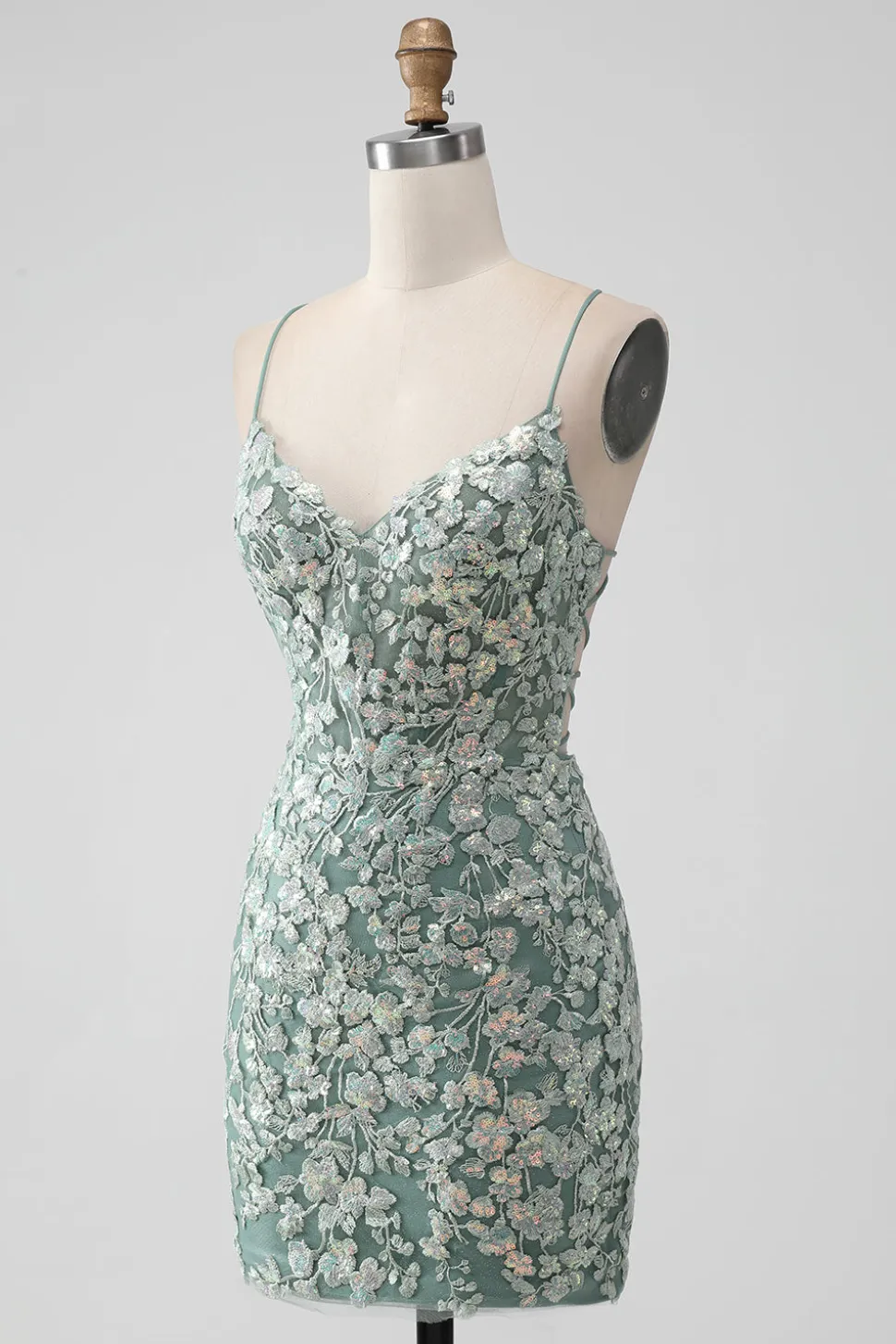 Cinzento Verde Bodycon Lace-up Back Short Homecoming Dress com lantejoulas Appliqued