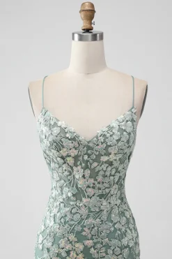 Cinzento Verde Bodycon Lace-up Back Short Homecoming Dress com lantejoulas Appliqued