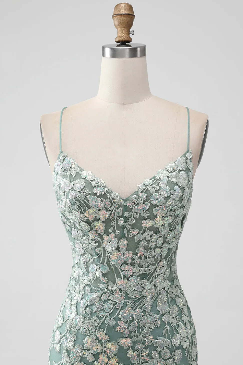 Cinzento Verde Bodycon Lace-up Back Short Homecoming Dress com lantejoulas Appliqued