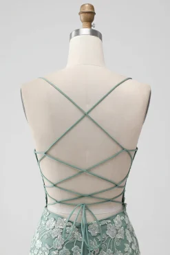 Cinzento Verde Bodycon Lace-up Back Short Homecoming Dress com lantejoulas Appliqued