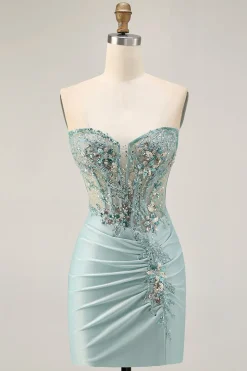 Cinzento Verde Bodycon Strapless Homecoming Dress com Sequins