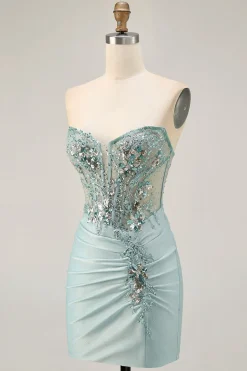 Cinzento Verde Bodycon Strapless Homecoming Dress com Sequins