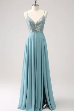 Cinzento Verde Linha A Esparguete Correias Chiffon Vestido Longo Madrinha com Fenda