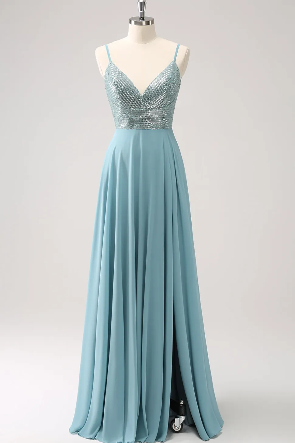 Cinzento Verde Linha A Esparguete Correias Chiffon Vestido Longo Madrinha com Fenda
