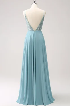 Cinzento Verde Linha A Esparguete Correias Chiffon Vestido Longo Madrinha com Fenda