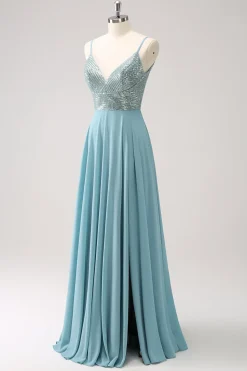 Cinzento Verde Linha A Esparguete Correias Chiffon Vestido Longo Madrinha com Fenda