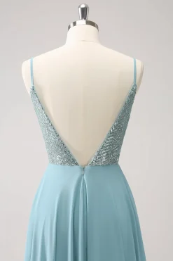 Cinzento Verde Linha A Esparguete Correias Chiffon Vestido Longo Madrinha com Fenda