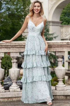 Cinzento Verde Uma Linha Esparguete Correias Longo Vestido Madrinha Com Folhos