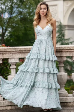 Cinzento Verde Uma Linha Esparguete Correias Longo Vestido Madrinha Com Folhos