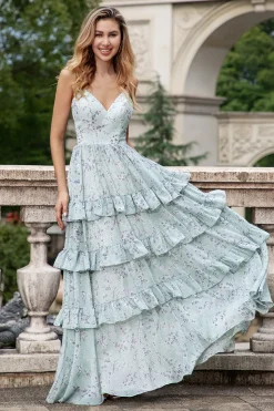 Cinzento Verde Uma Linha Esparguete Correias Longo Vestido Madrinha Com Folhos