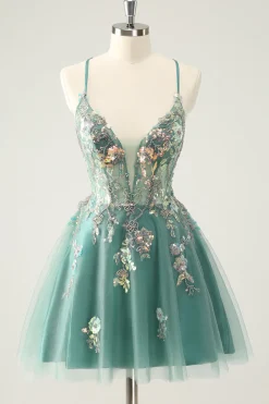 Cinzento Verde Uma Linha Glitter Sequins Esparguete Correias Homecoming Vestidos