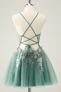 Cinzento Verde Uma Linha Glitter Sequins Esparguete Correias Homecoming Vestidos