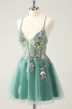 Cinzento Verde Uma Linha Glitter Sequins Esparguete Correias Homecoming Vestidos
