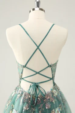 Cinzento Verde Uma Linha Glitter Sequins Esparguete Correias Homecoming Vestidos