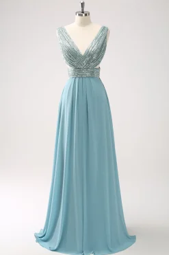 Cinzento Verde V Pescoço A-Line Sequins Chiffon Vestido Longo Madrinha