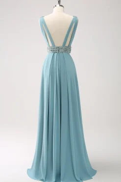 Cinzento Verde V Pescoço A-Line Sequins Chiffon Vestido Longo Madrinha