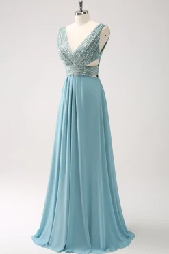 Cinzento Verde V Pescoço A-Line Sequins Chiffon Vestido Longo Madrinha