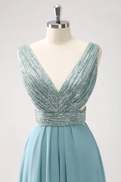 Cinzento Verde V Pescoço A-Line Sequins Chiffon Vestido Longo Madrinha