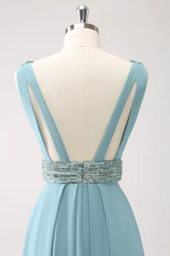 Cinzento Verde V Pescoço A-Line Sequins Chiffon Vestido Longo Madrinha