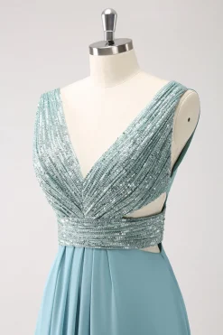 Cinzento Verde V Pescoço A-Line Sequins Chiffon Vestido Longo Madrinha