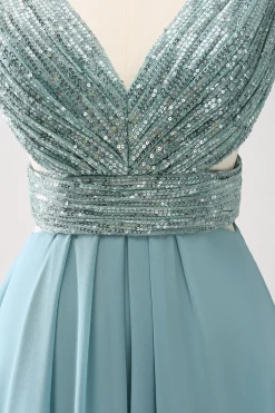 Cinzento Verde V Pescoço A-Line Sequins Chiffon Vestido Longo Madrinha