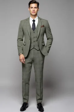 Cinzento Verde Xadrez 3 Peças Notched Lapela Fato Homem