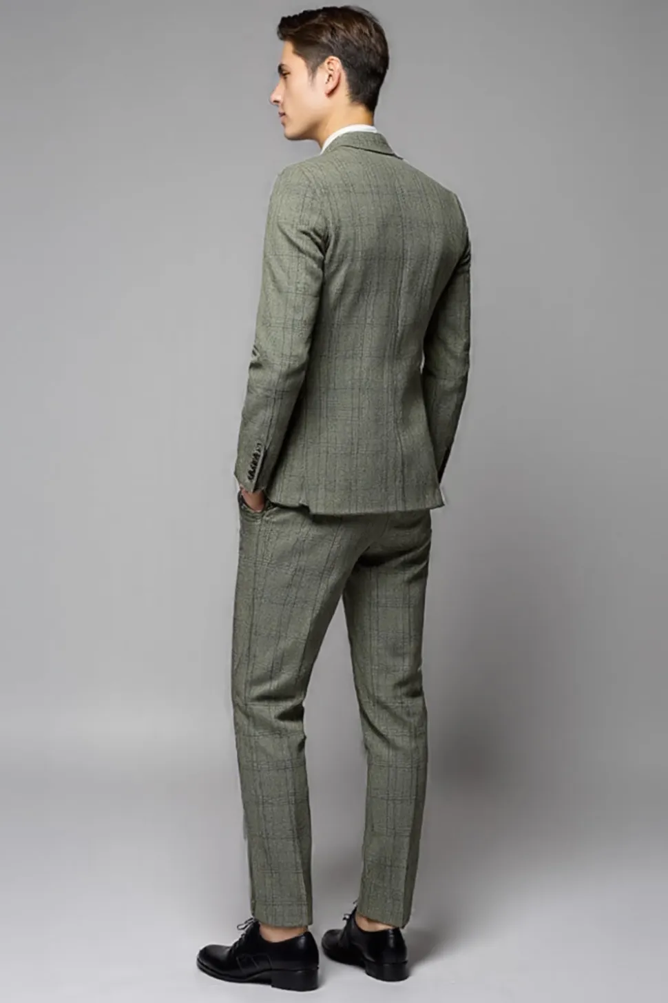 Cinzento Verde Xadrez 3 Peças Notched Lapela Fato Homem