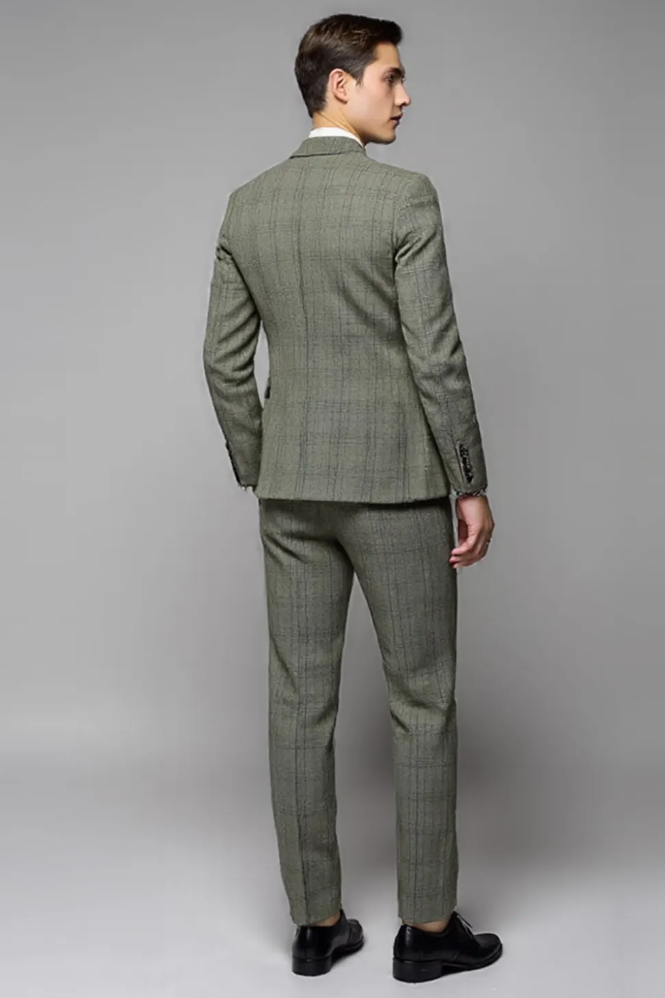 Cinzento Verde Xadrez 3 Peças Notched Lapela Fato Homem