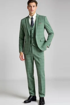 Cinzento Verde Xadrez 3 Peças Notched Lapela Fato Homem