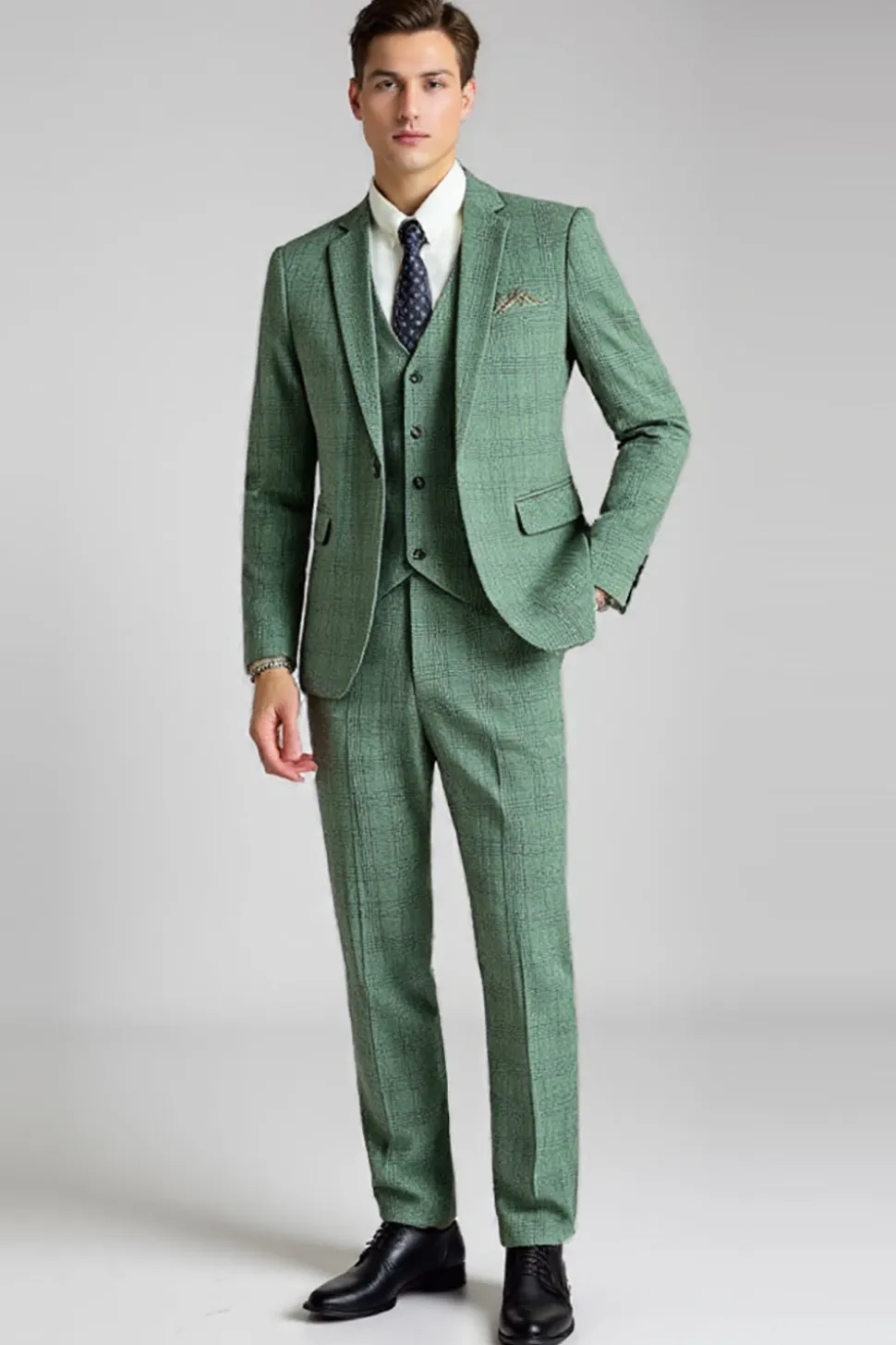 Cinzento Verde Xadrez 3 Peças Notched Lapela Fato Homem