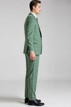 Cinzento Verde Xadrez 3 Peças Notched Lapela Fato Homem