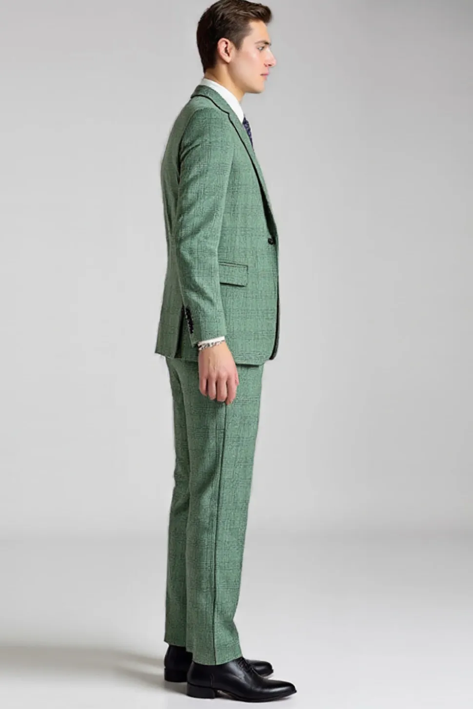 Cinzento Verde Xadrez 3 Peças Notched Lapela Fato Homem